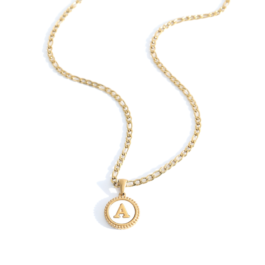 Mother of Pearl Disc Letter Necklace with Figaro Chain — Vanny Jewels