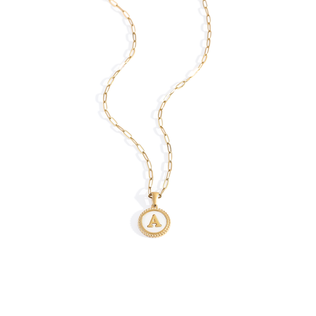 Mother of Pearl Disc Letter Necklace with Paperclip Chain — Vanny Jewels