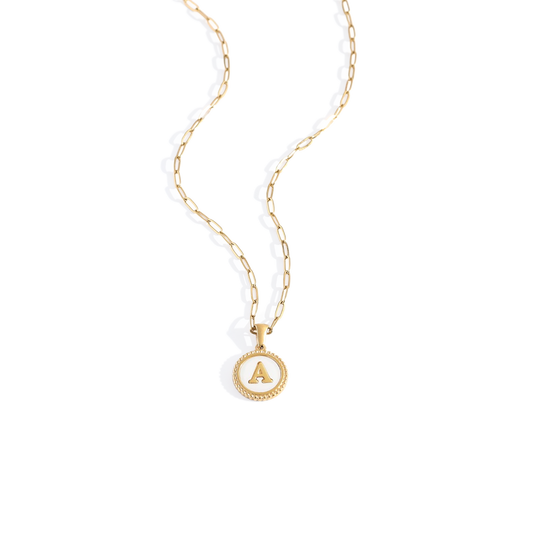 Mother of Pearl Disc Letter Necklace with Paperclip Chain — Vanny Jewels