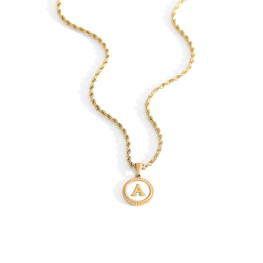 Mother of Pearl Disc Letter Necklace with Rope Chain — Vanny Jewels