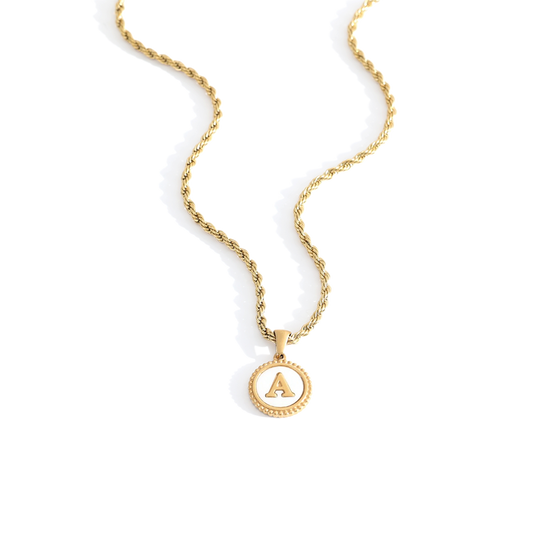 Mother of Pearl Disc Letter Necklace with Rope Chain — Vanny Jewels