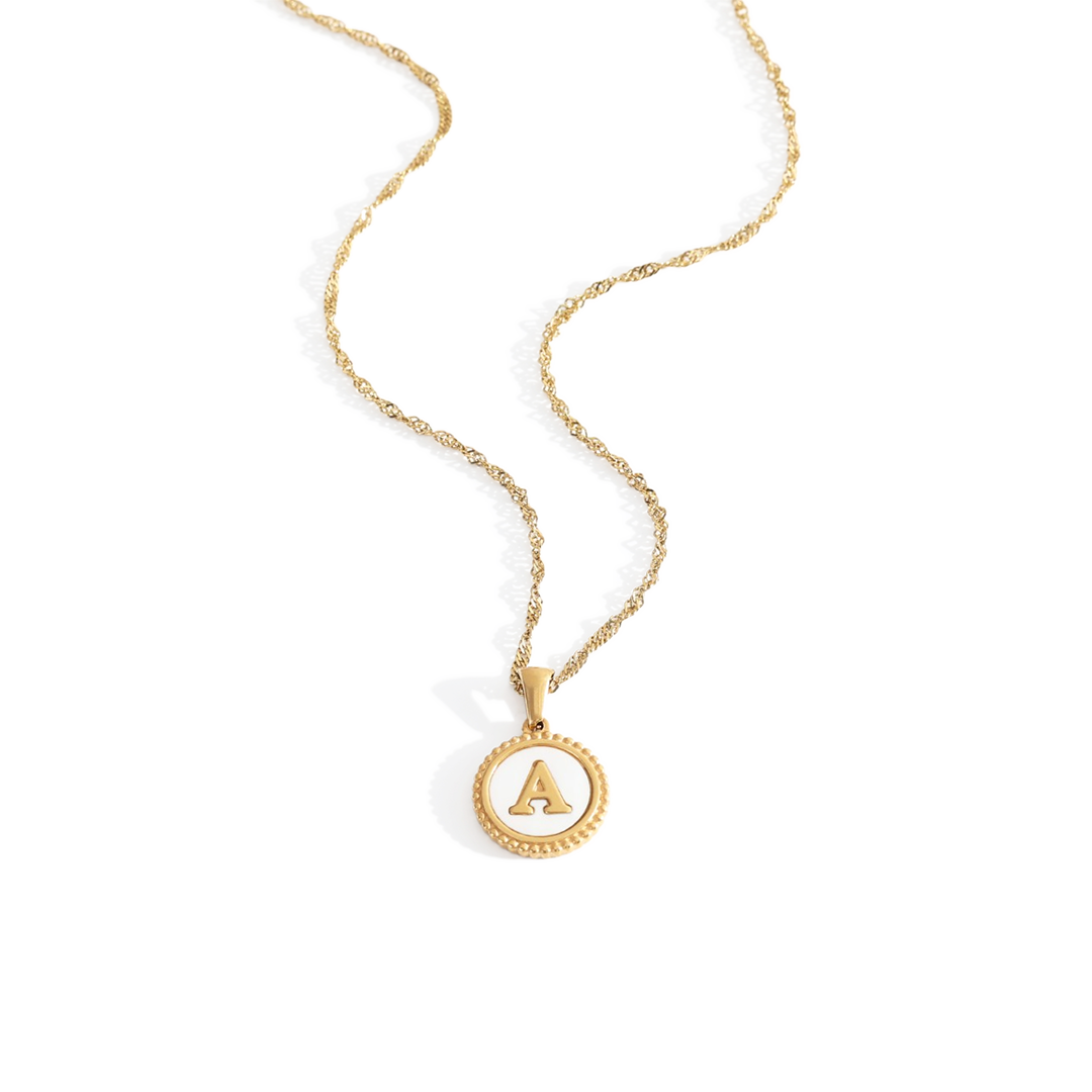 Mother of Pearl Disc Letter Necklace with Twist Chain — Vanny Jewels