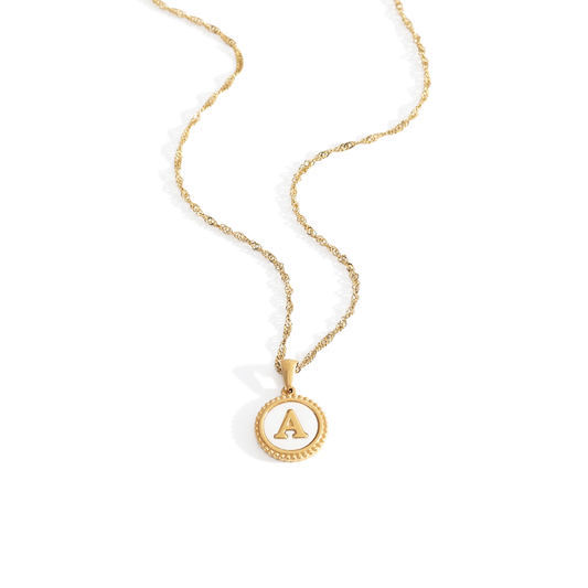 Mother of Pearl Disc Letter Necklace with Twist Chain — Vanny Jewels