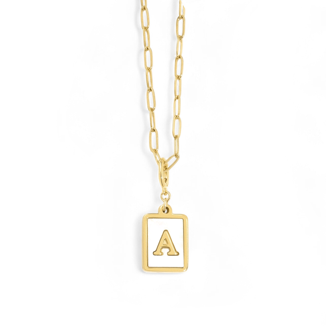 Mother of Pearl Card Initial Necklace | Paperclip Chain — Vanny Jewels