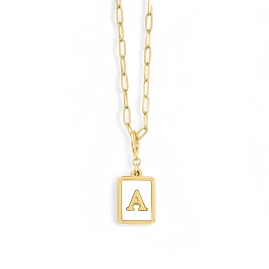 Mother of Pearl Card Initial Necklace | Paperclip Chain — Vanny Jewels