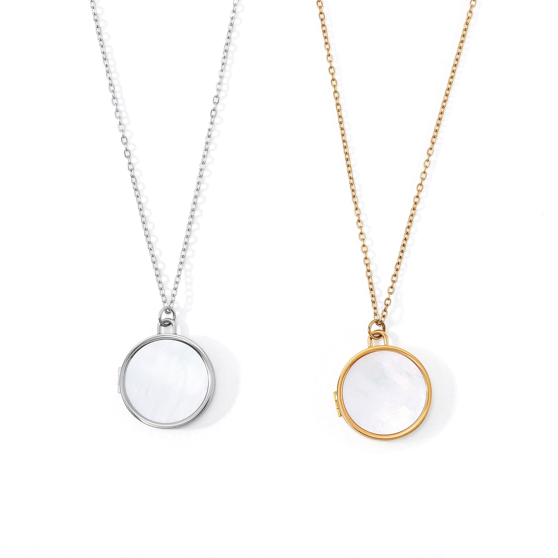 Mother of Pearl Locket Necklace, flat lay detail