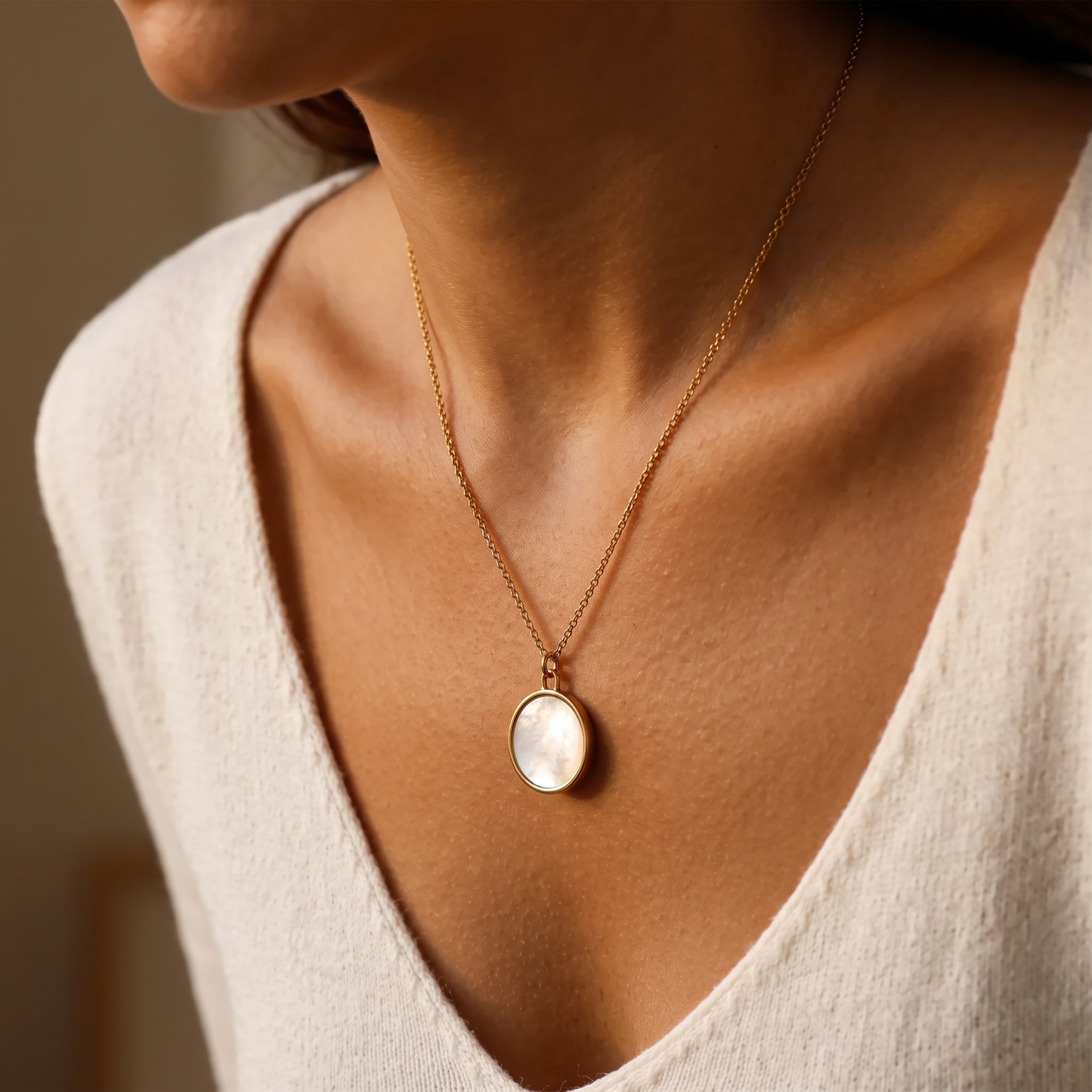 Mother of Pearl Locket Necklace, worn on a model