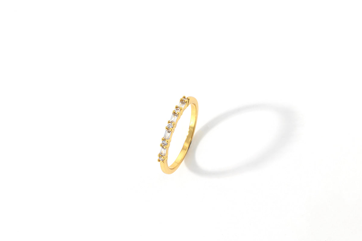 Multi Gem Baguette Stacking Ring in gold tone, flat lay detail