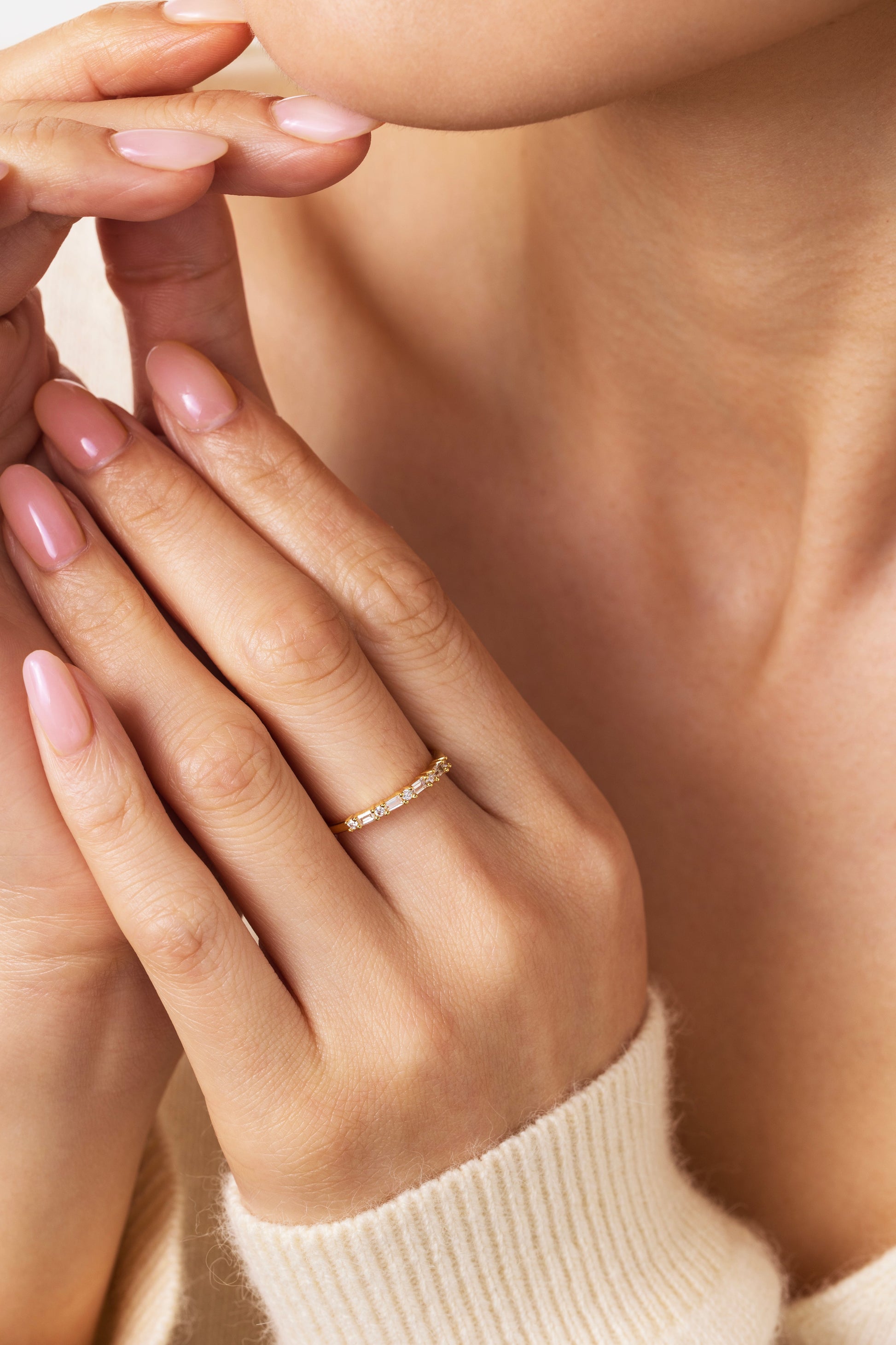 Multi Gem Baguette Stacking Ring, worn on a model