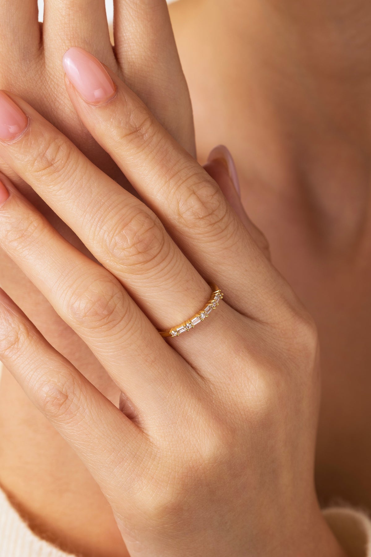 Multi Gem Baguette Stacking Ring, worn on a model