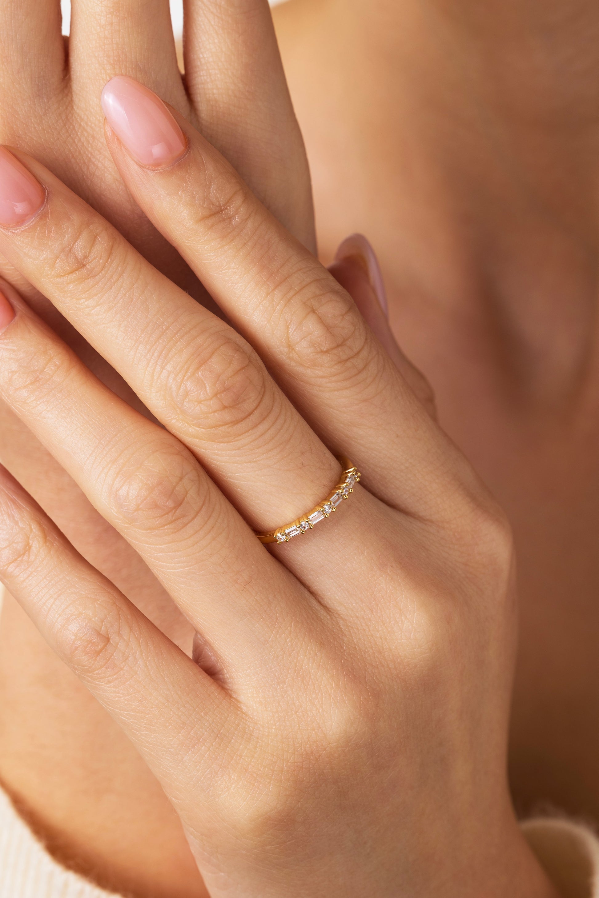 Multi Gem Baguette Stacking Ring, worn on a model