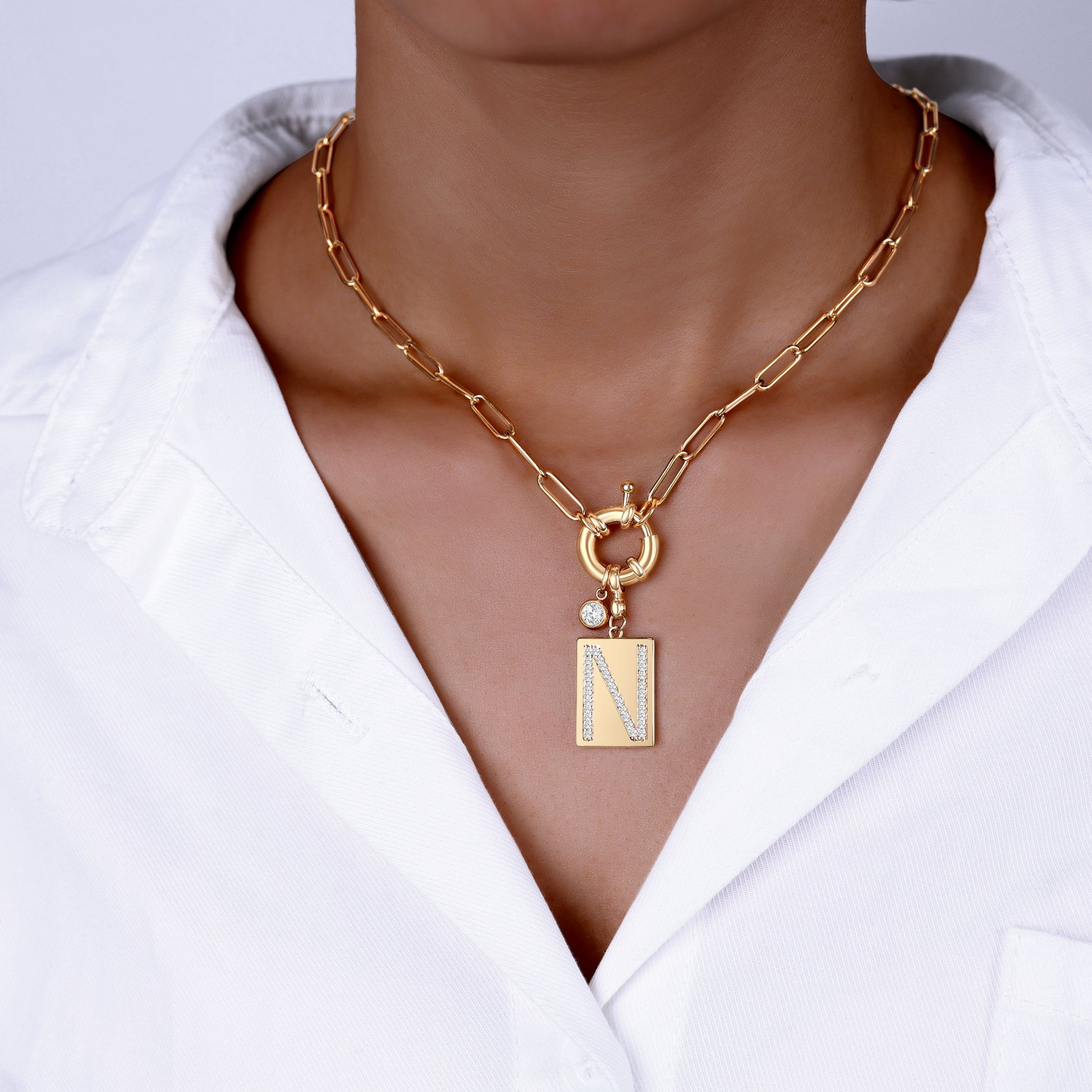 Collana Pendente Iniziale Pavé con Catena Paperclip
