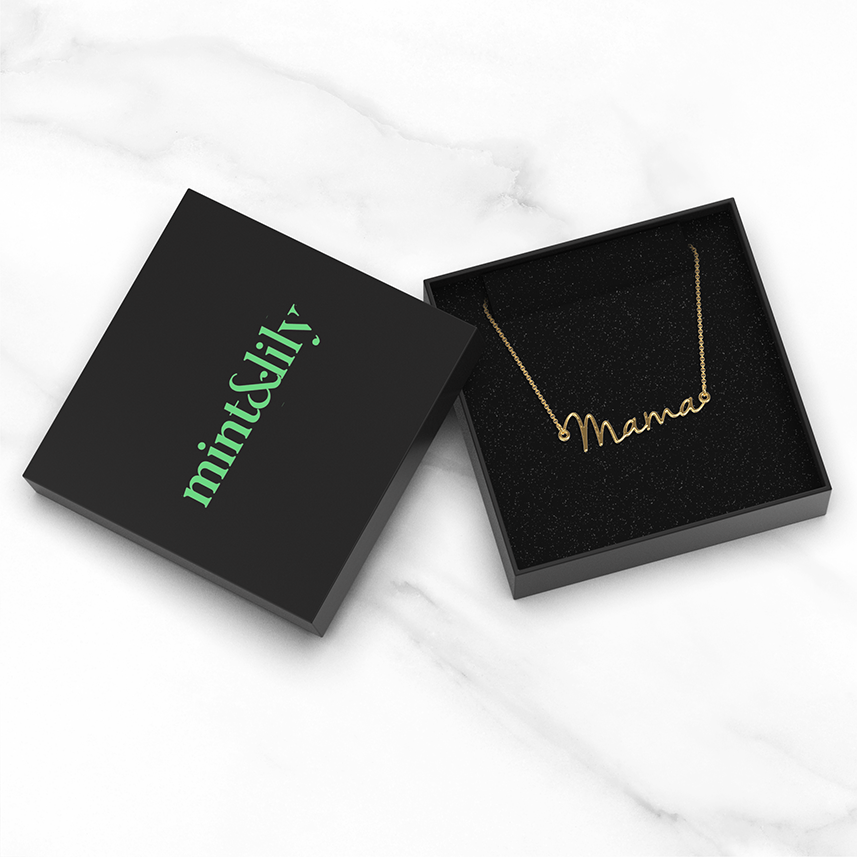 Mama Script Necklace in gold tone, in its gift packaging