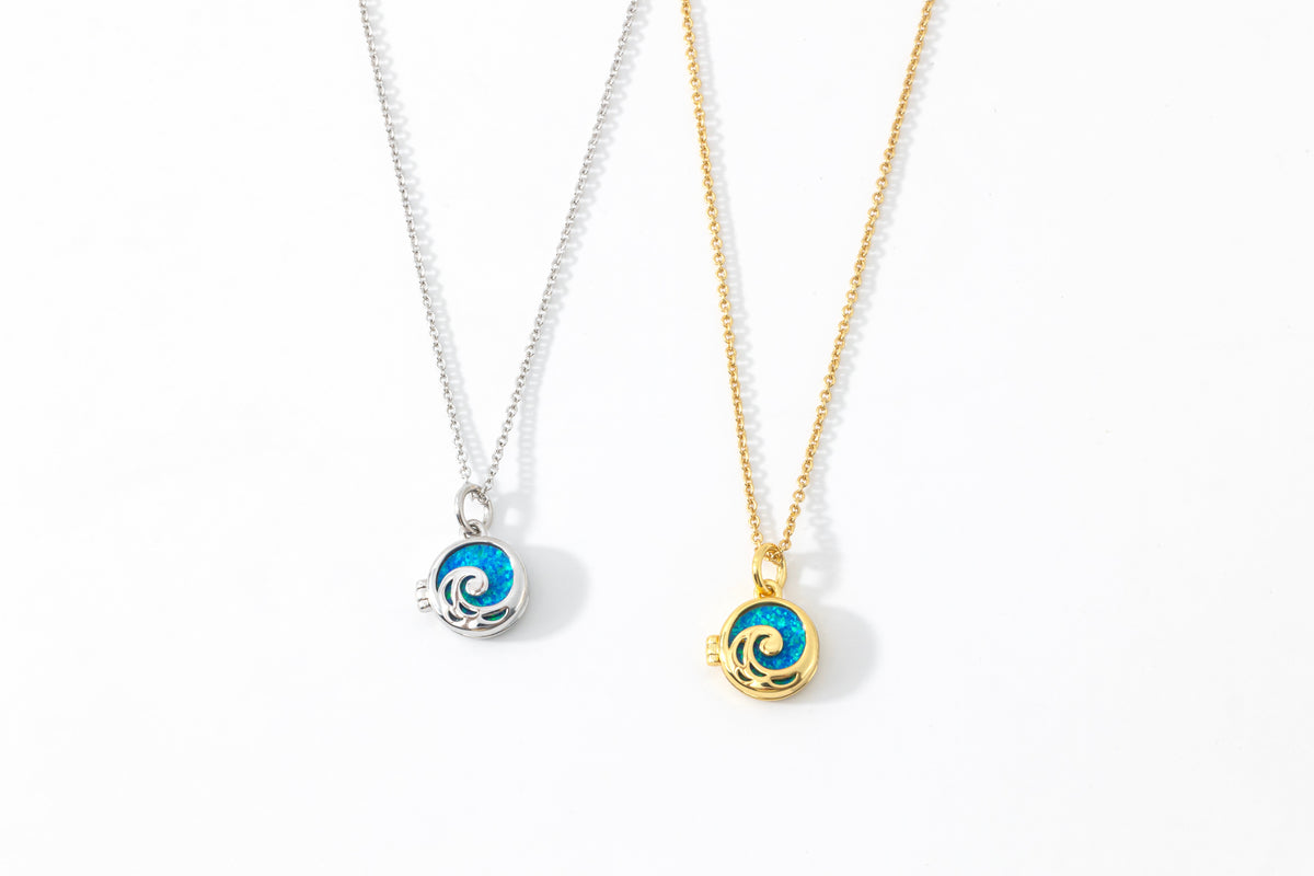 Opal Ocean Wave Locket Necklace, flat lay detail