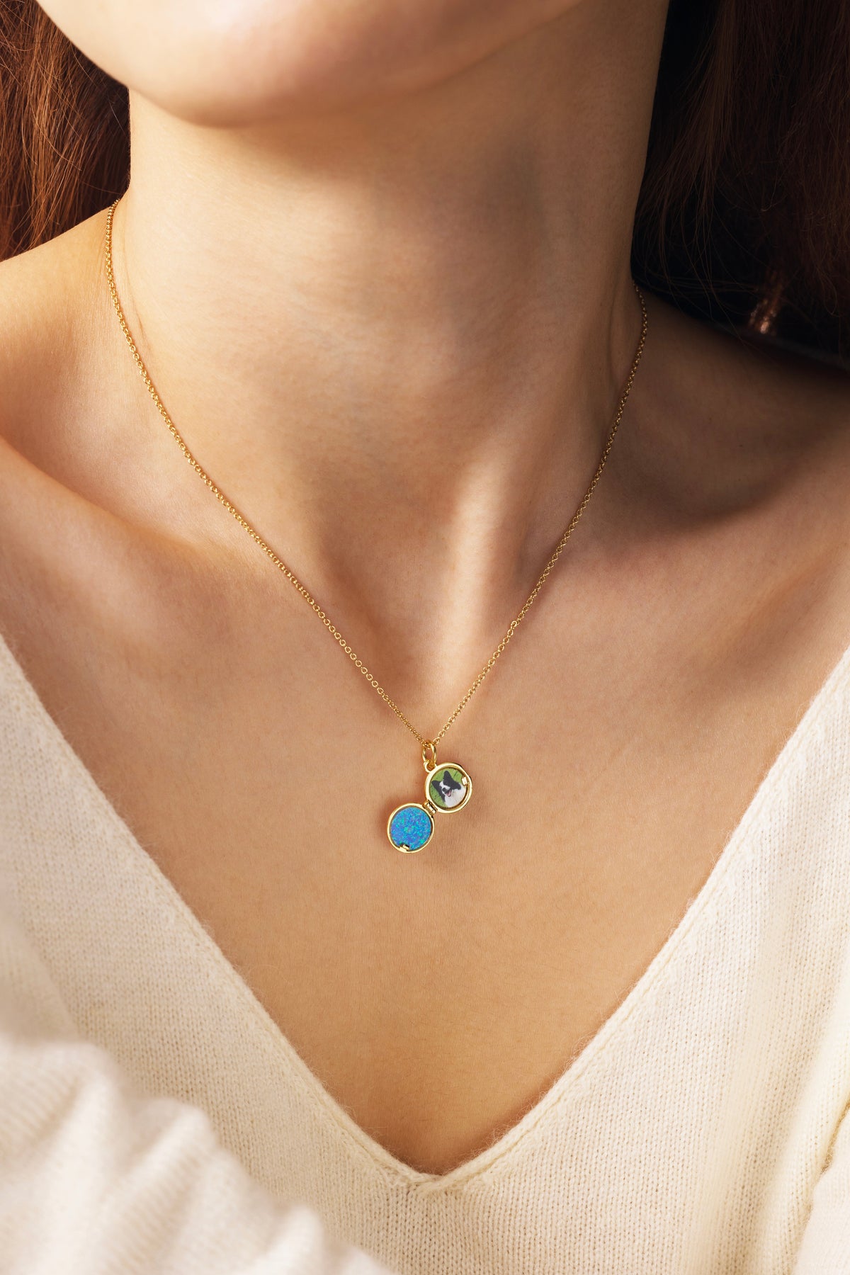 Opal Ocean Wave Locket Necklace, worn on a model