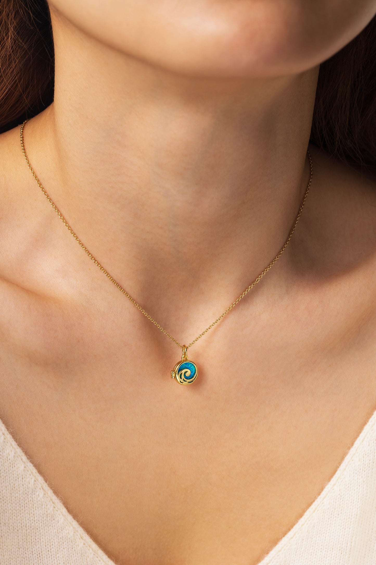 Opal Ocean Wave Locket Necklace, worn on a model