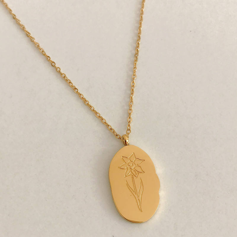 Gold Birth Flower Pendant Necklace with March birthstone