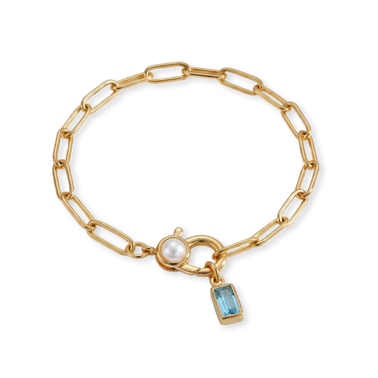 Paperclip Bracelet with Pearl Accent with Dainty Baguette Birthstone Charm — Vanny Jewels