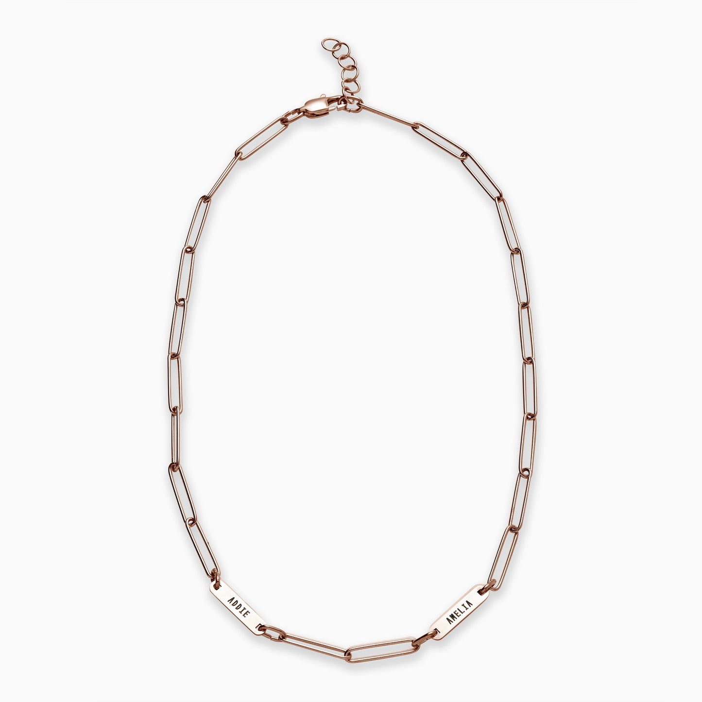 Paperclip Necklace With Personalized Names in rose gold tone