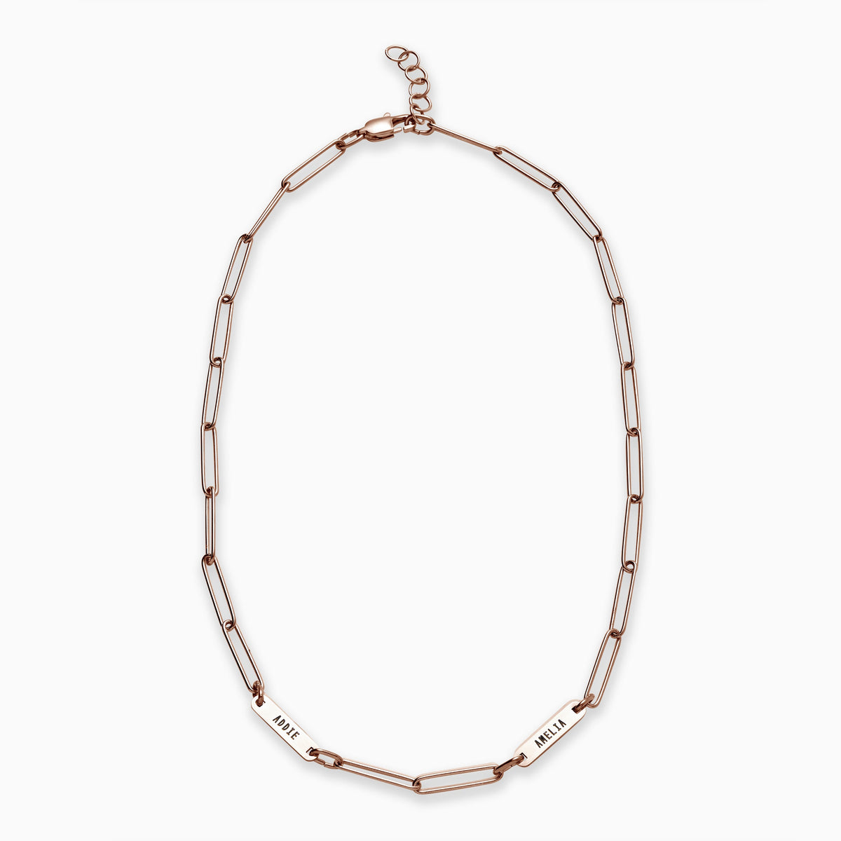 Paperclip Necklace With Personalized Names in rose gold tone