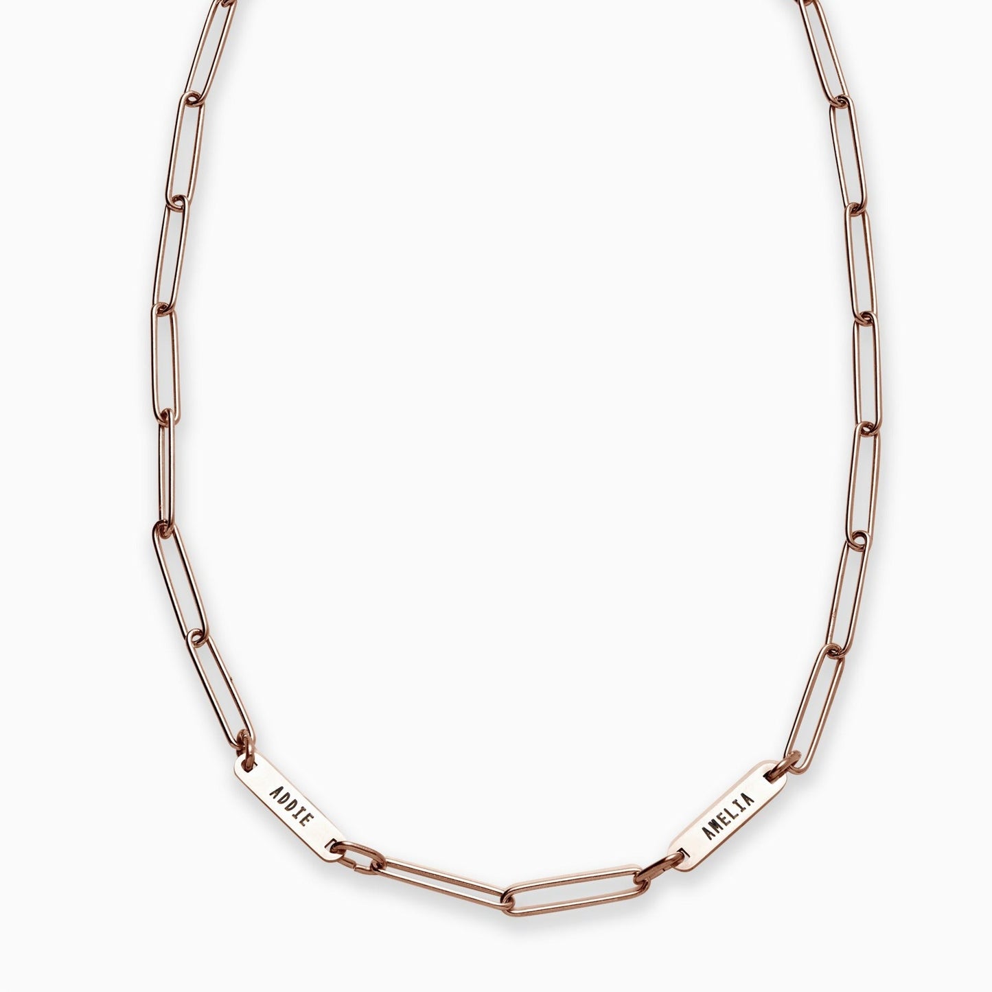 Paperclip Necklace With Personalized Names in rose gold tone