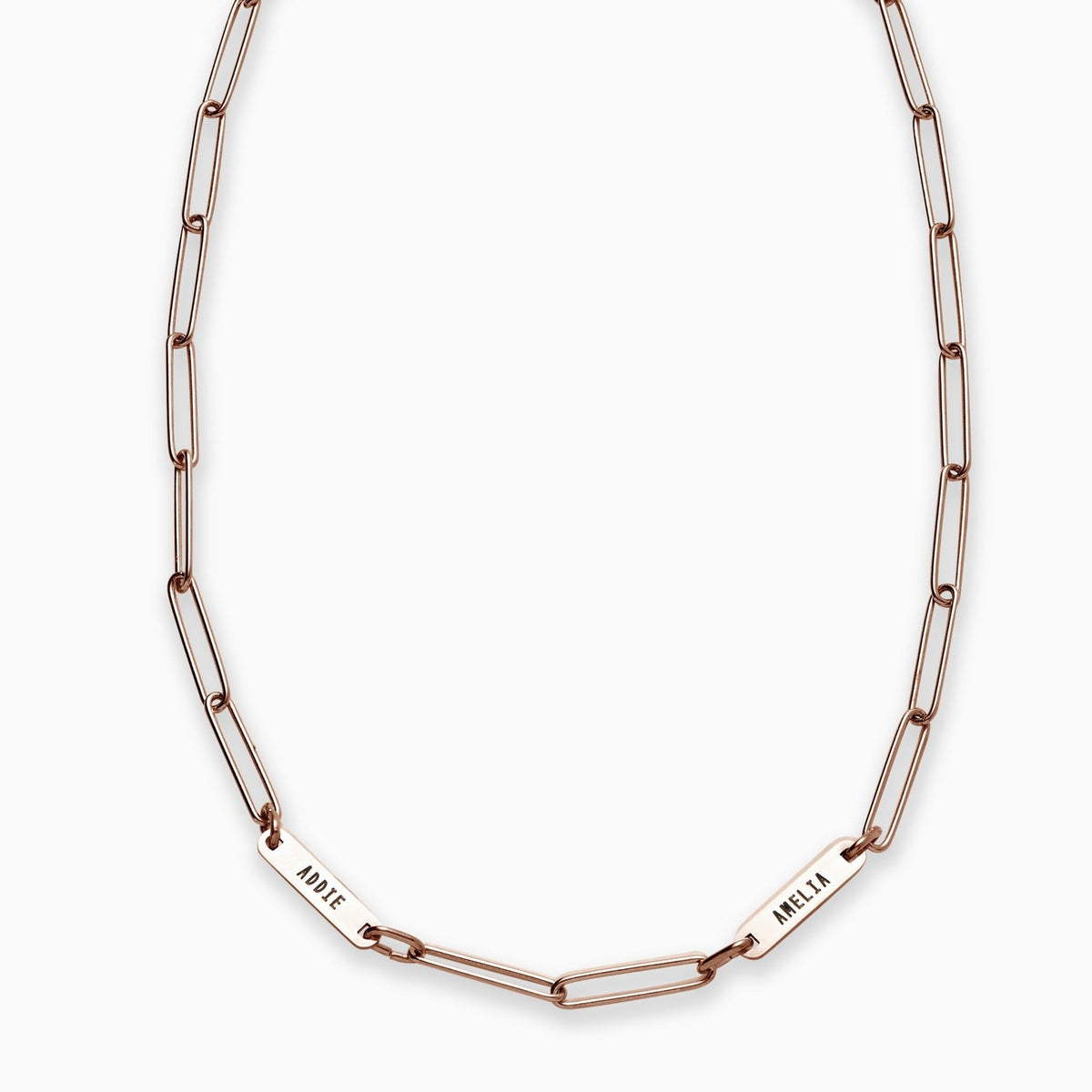 Paperclip Necklace With Personalized Names in rose gold tone