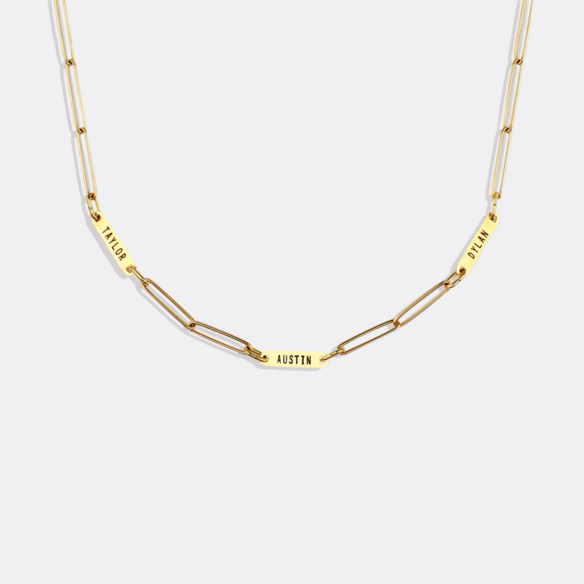 Paperclip Necklace With Personalized Names in gold tone