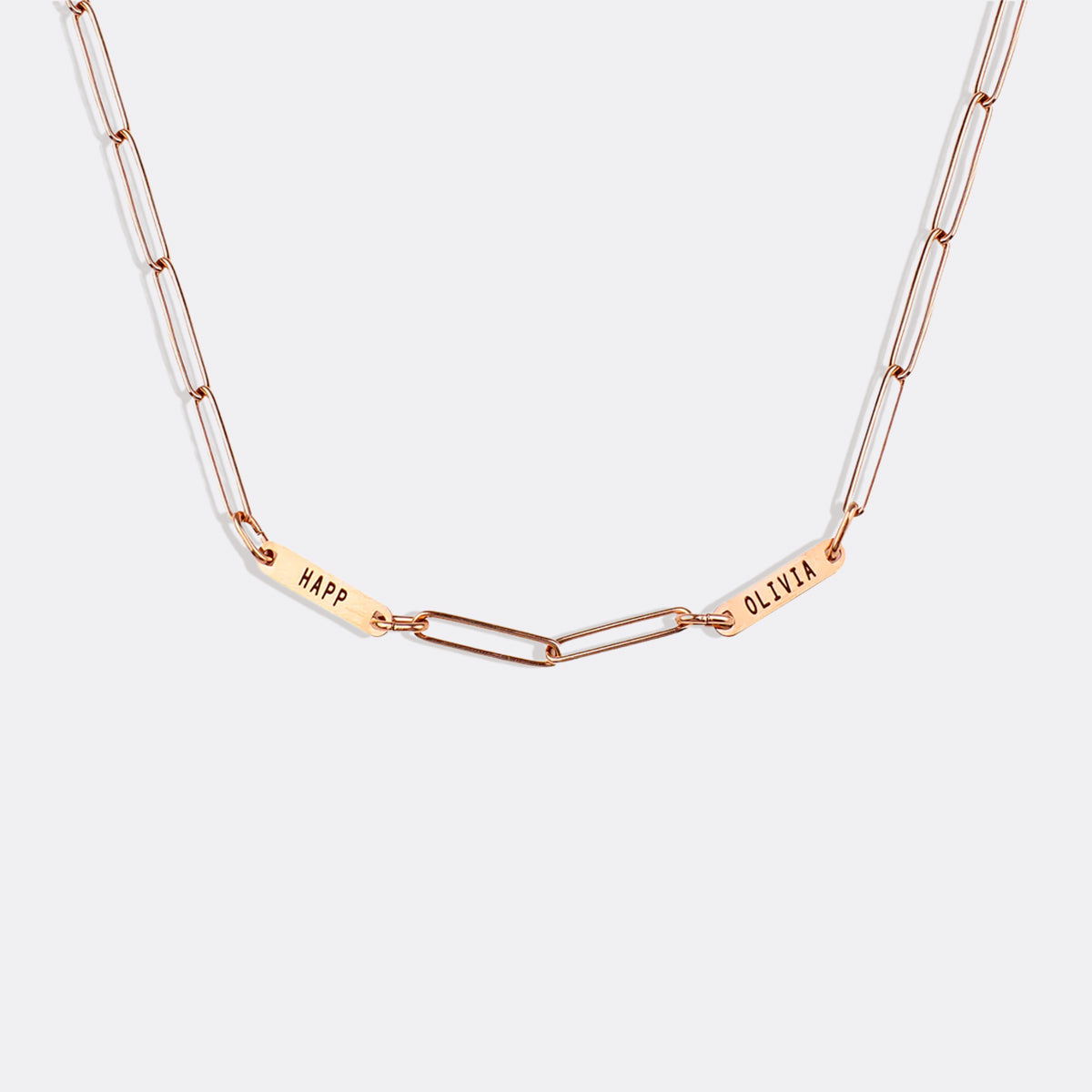 Paperclip Necklace With Personalized Names in rose gold tone