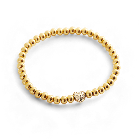 Pave Heart Gold Beaded Bracelet — Vanny Jewels