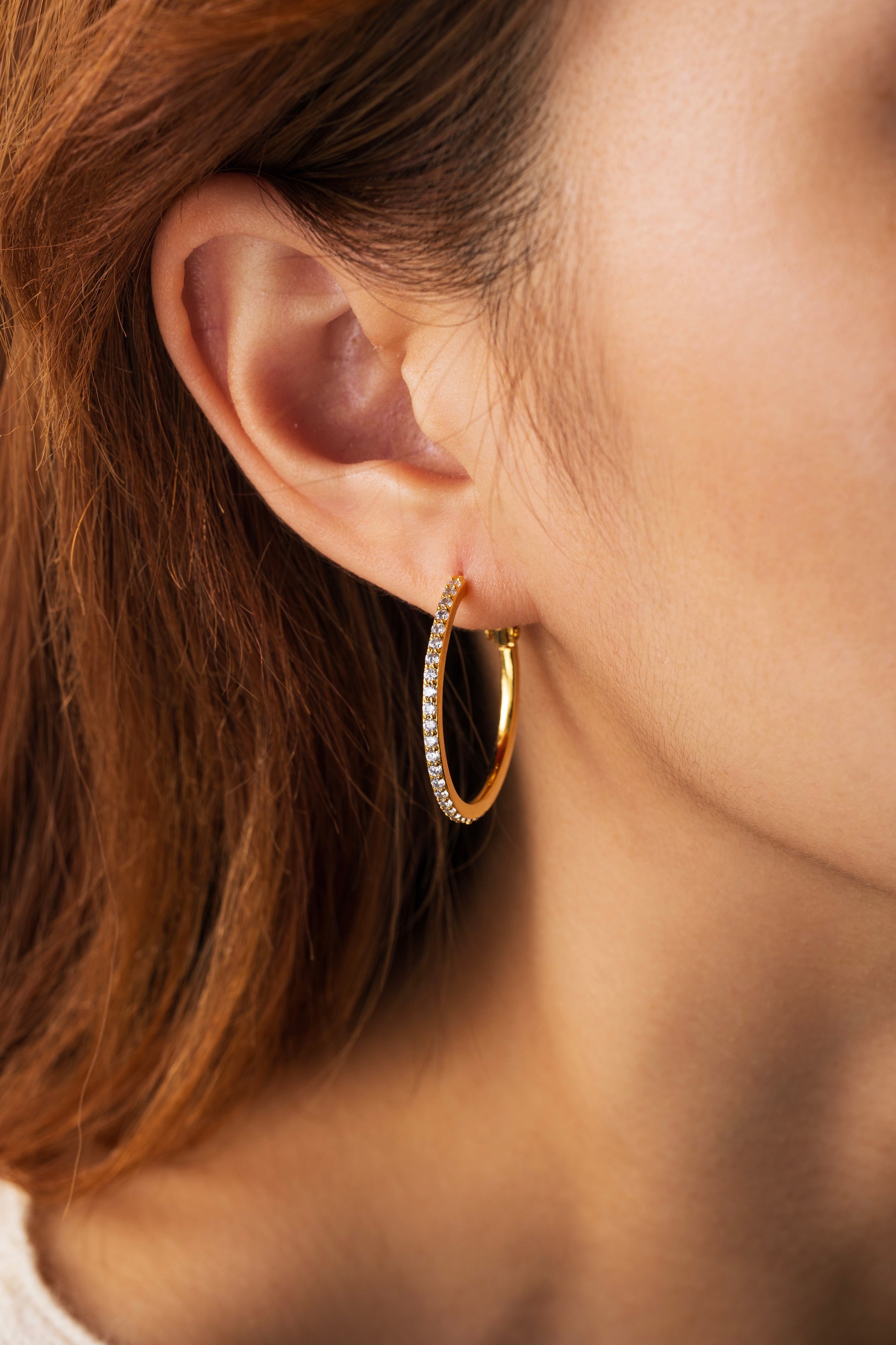 Pave Hoop Earrings, worn on a model