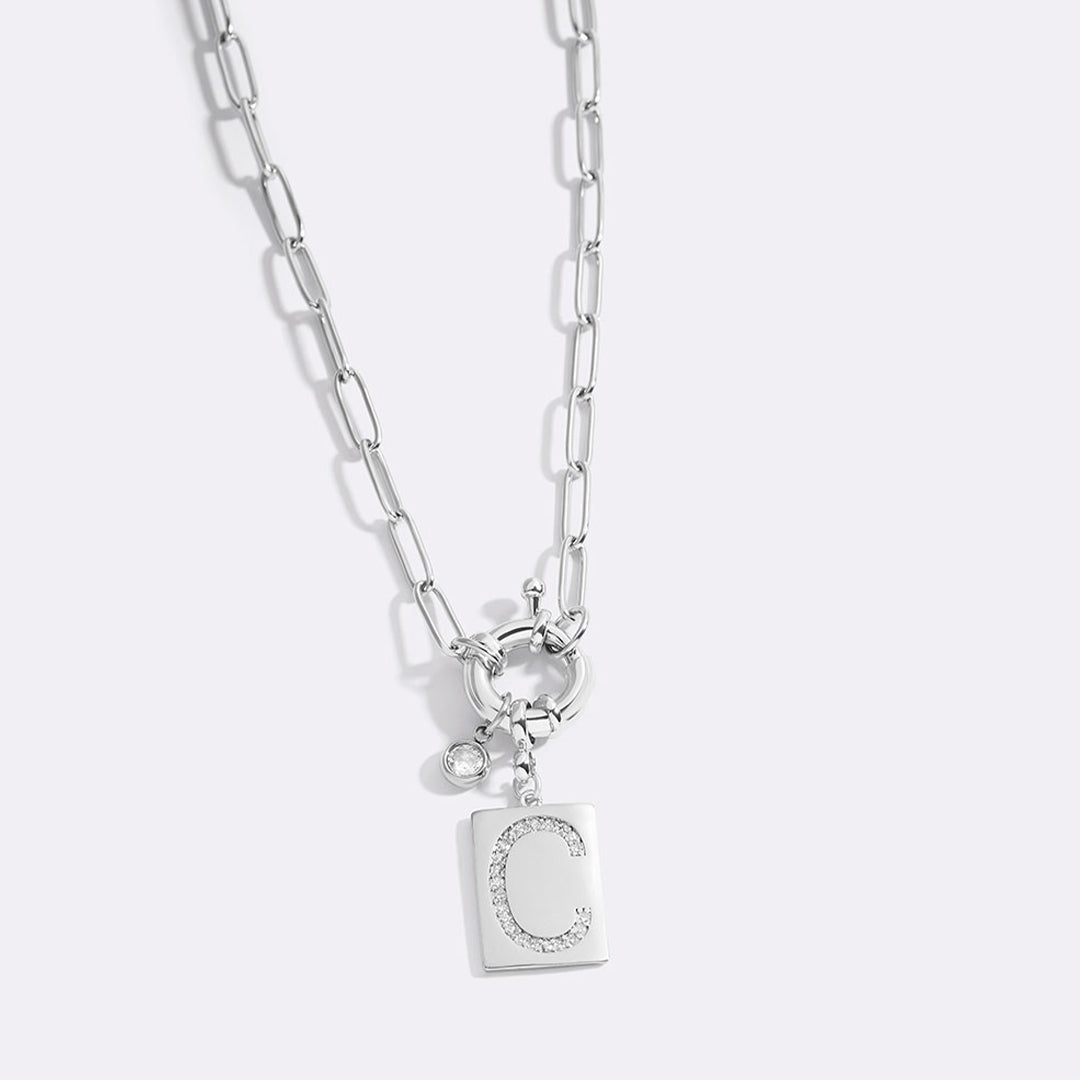 Collana Pendente Iniziale Pavé con Catena Paperclip