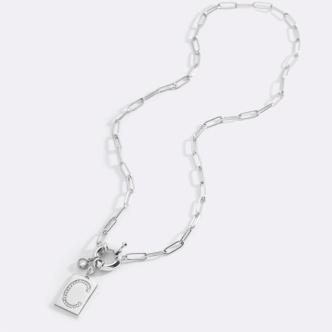 Collana Pendente Iniziale Pavé con Catena Paperclip