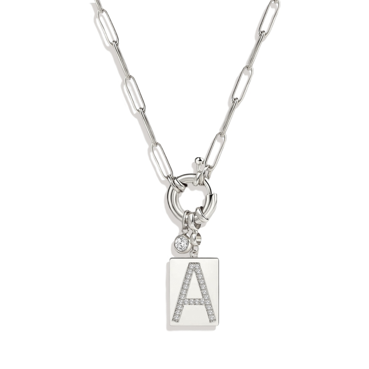 Collana Pendente Iniziale Pavé con Catena Paperclip