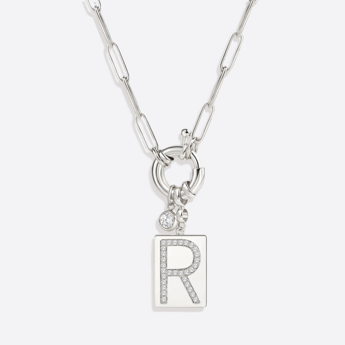 Collana Pendente Iniziale Pavé con Catena Paperclip