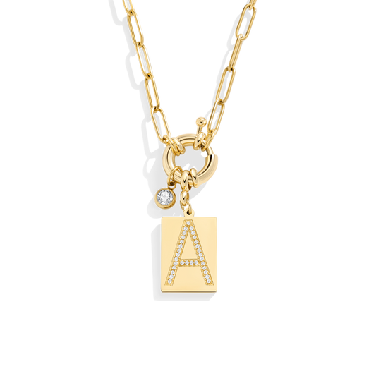 Gold Pave Initial Pendant Necklace with Paperclip Chain — Vanny Jewels