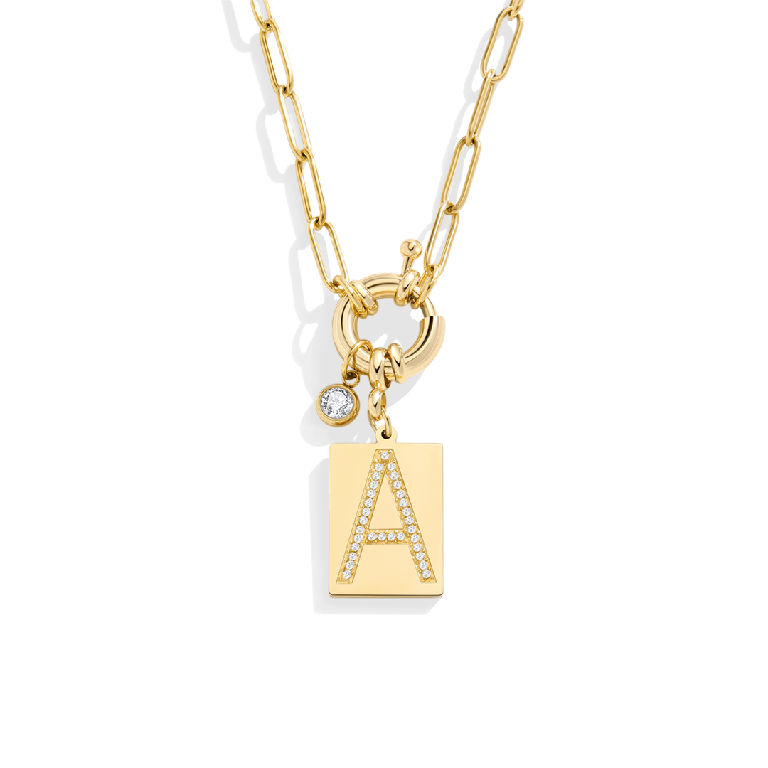 Collana Pendente Iniziale Pavé con Catena Paperclip