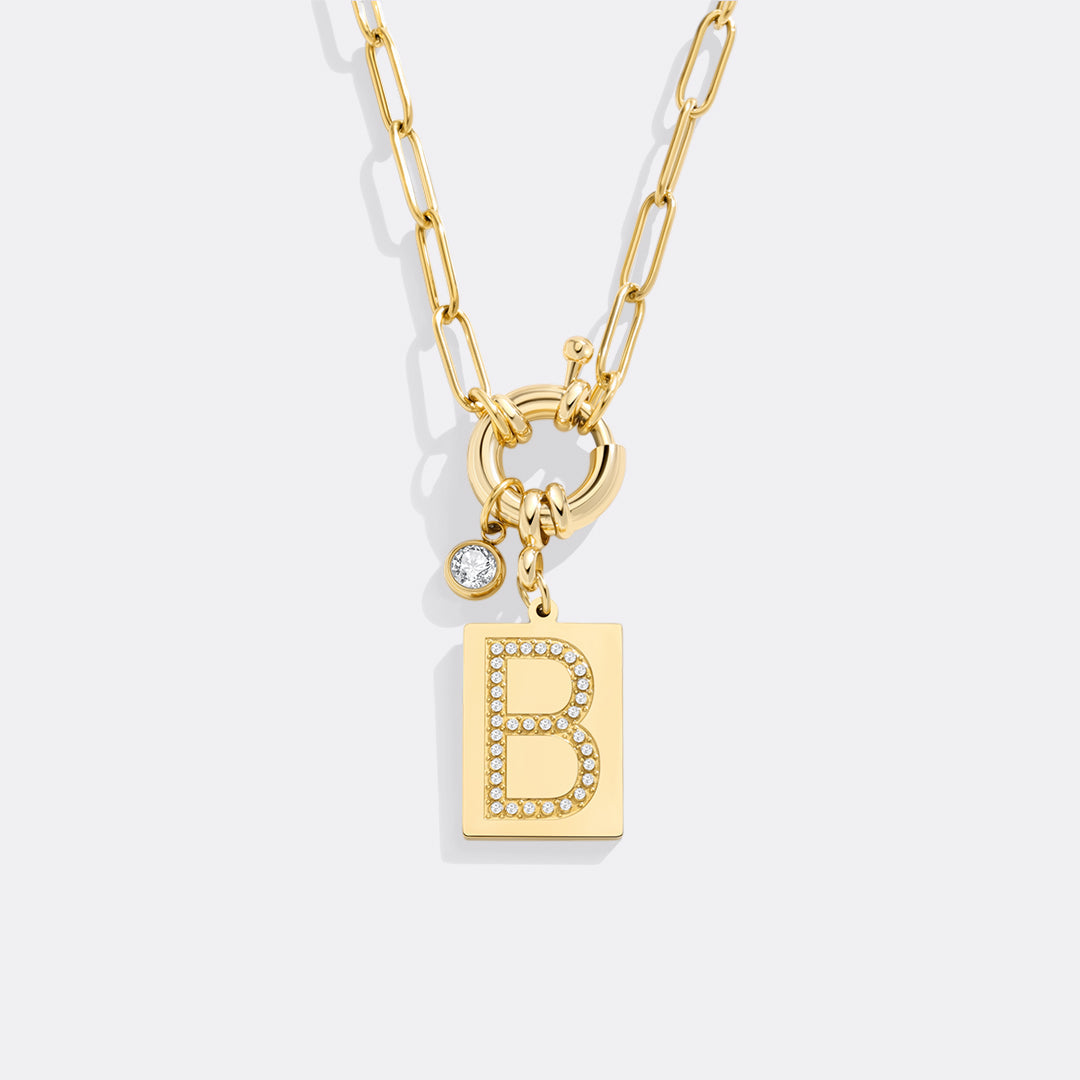 Collana Pendente Iniziale Pavé con Catena Paperclip