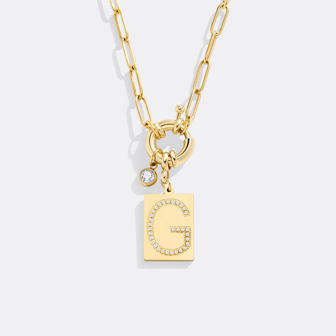 Collana Pendente Iniziale Pavé con Catena Paperclip