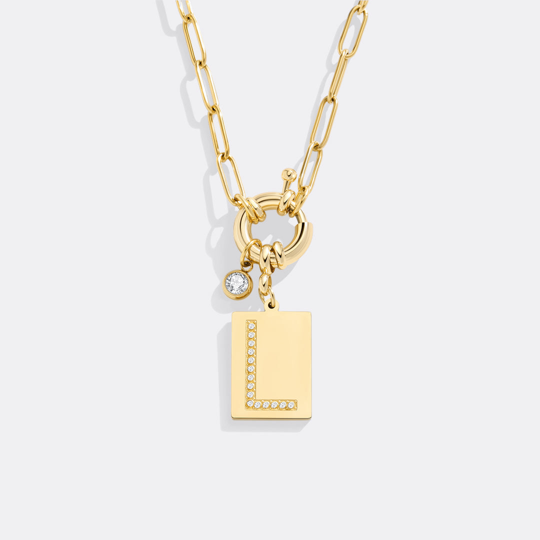 Collana Pendente Iniziale Pavé con Catena Paperclip