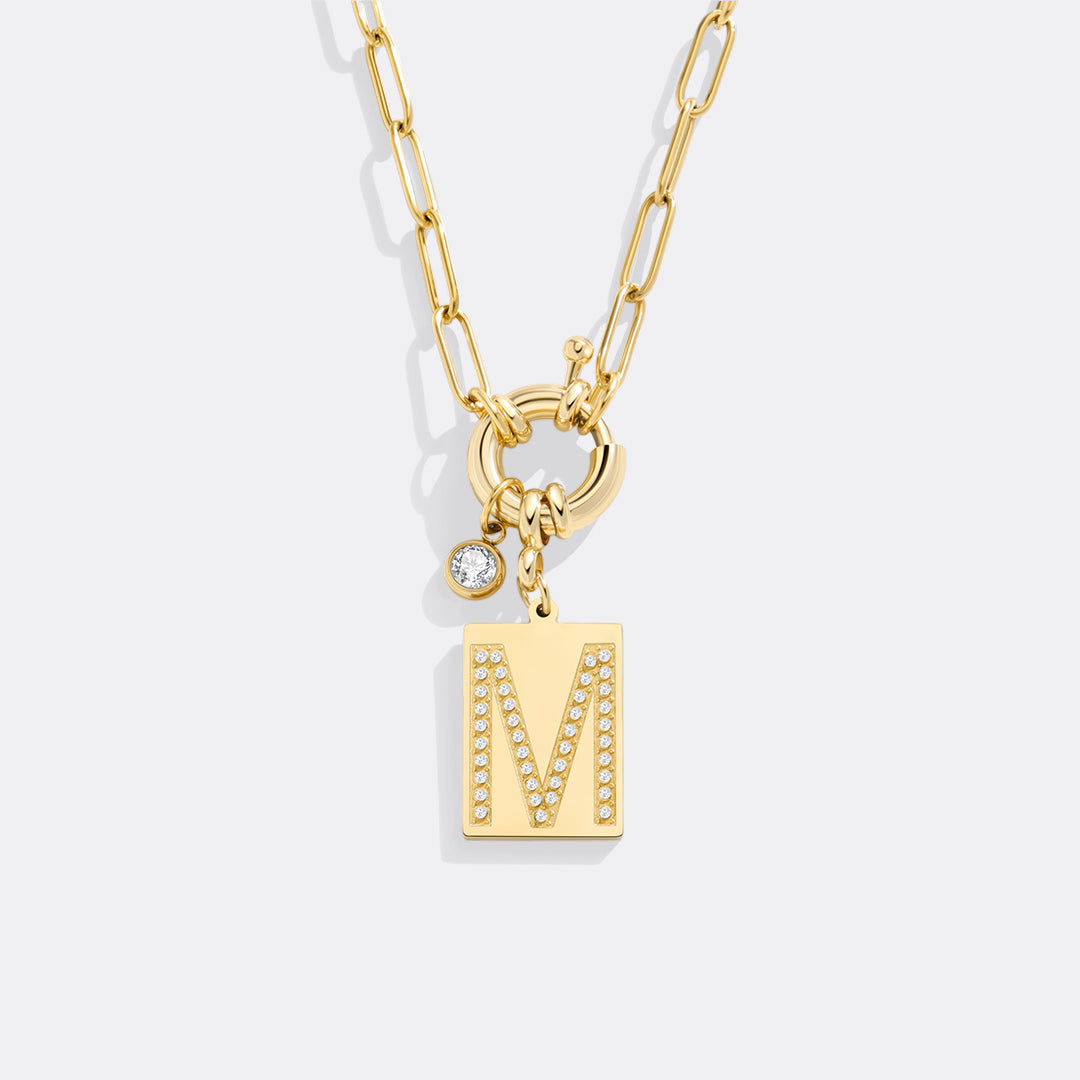 Collana Pendente Iniziale Pavé con Catena Paperclip