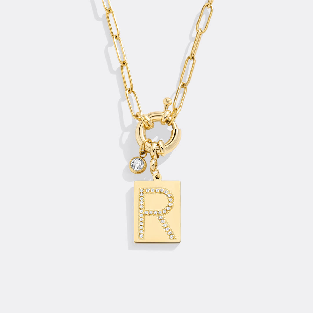 Collana Pendente Iniziale Pavé con Catena Paperclip