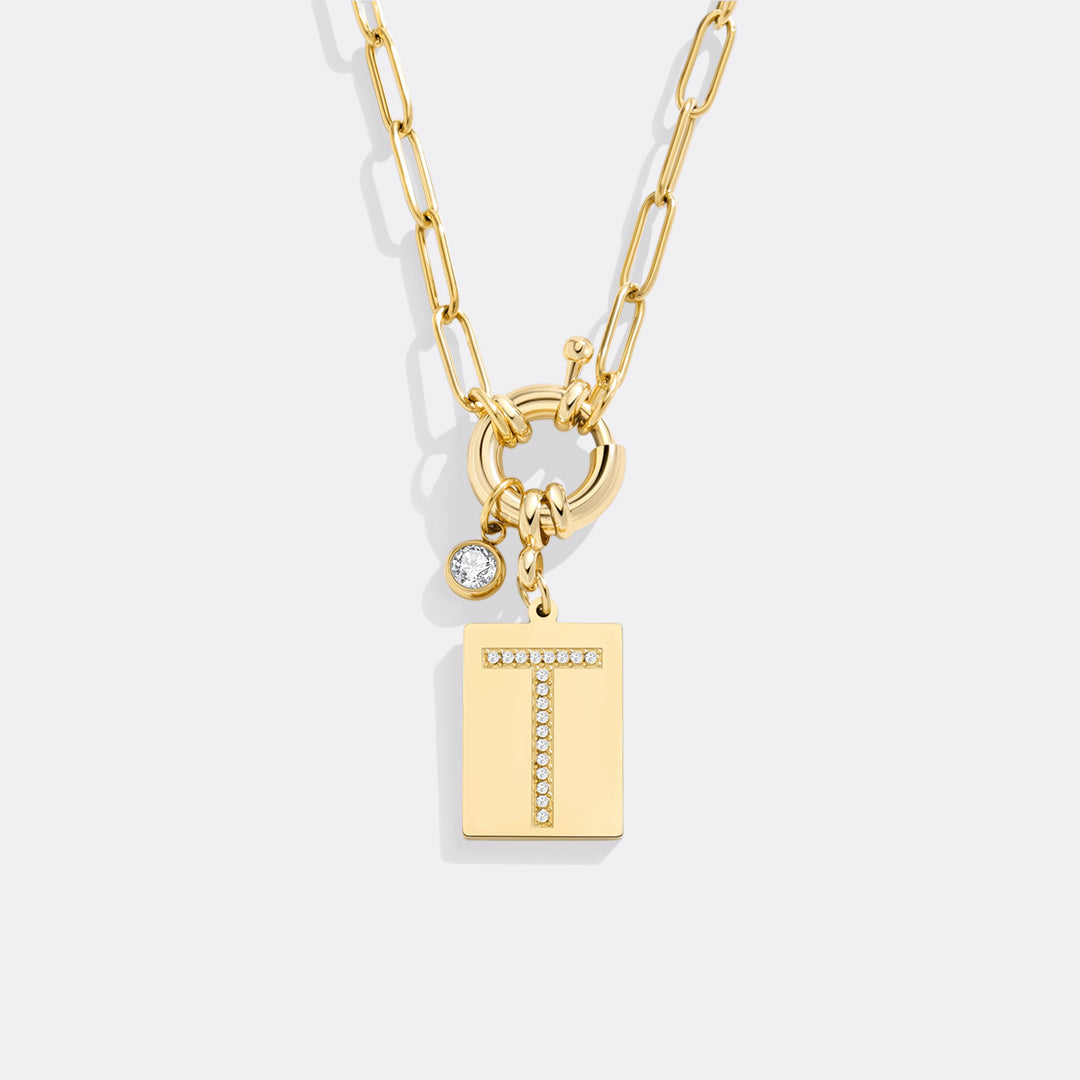 Collana Pendente Iniziale Pavé con Catena Paperclip
