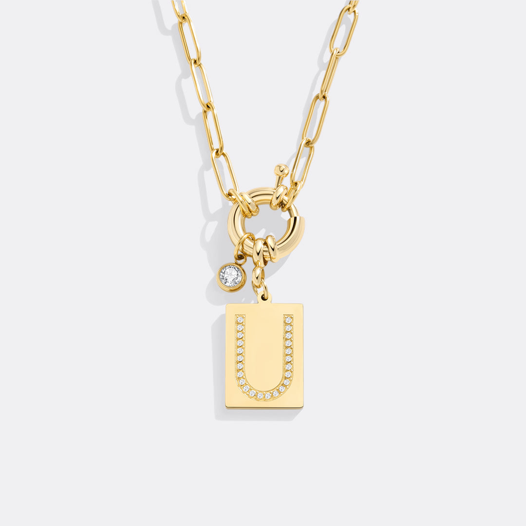 Collana Pendente Iniziale Pavé con Catena Paperclip