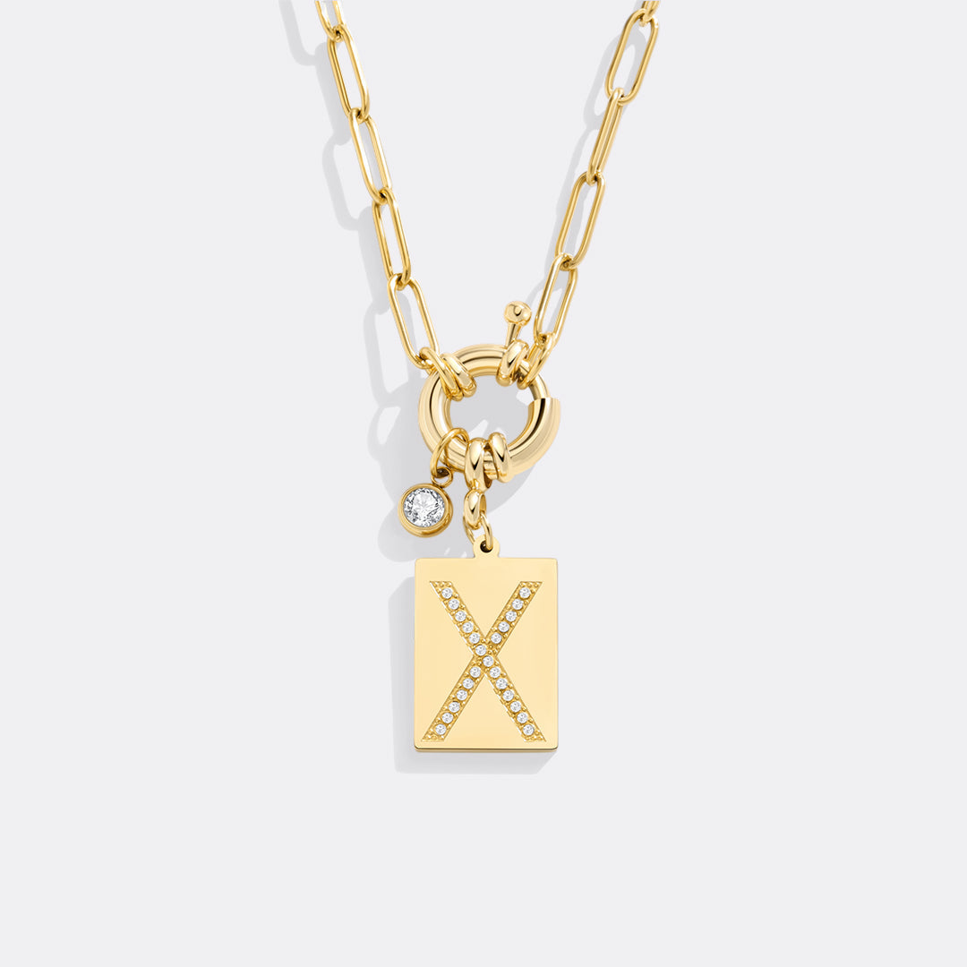 Collana Pendente Iniziale Pavé con Catena Paperclip