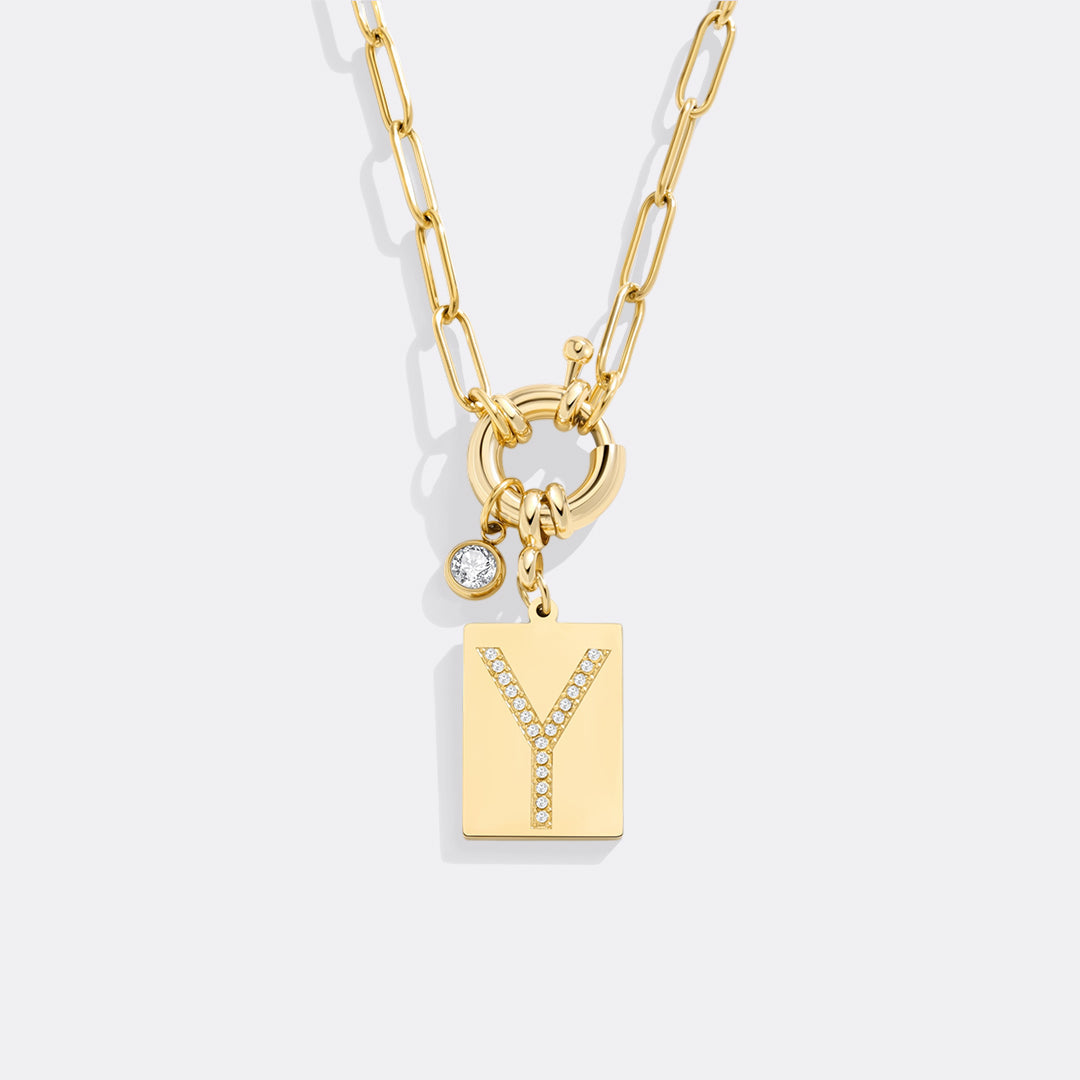 Collana Pendente Iniziale Pavé con Catena Paperclip