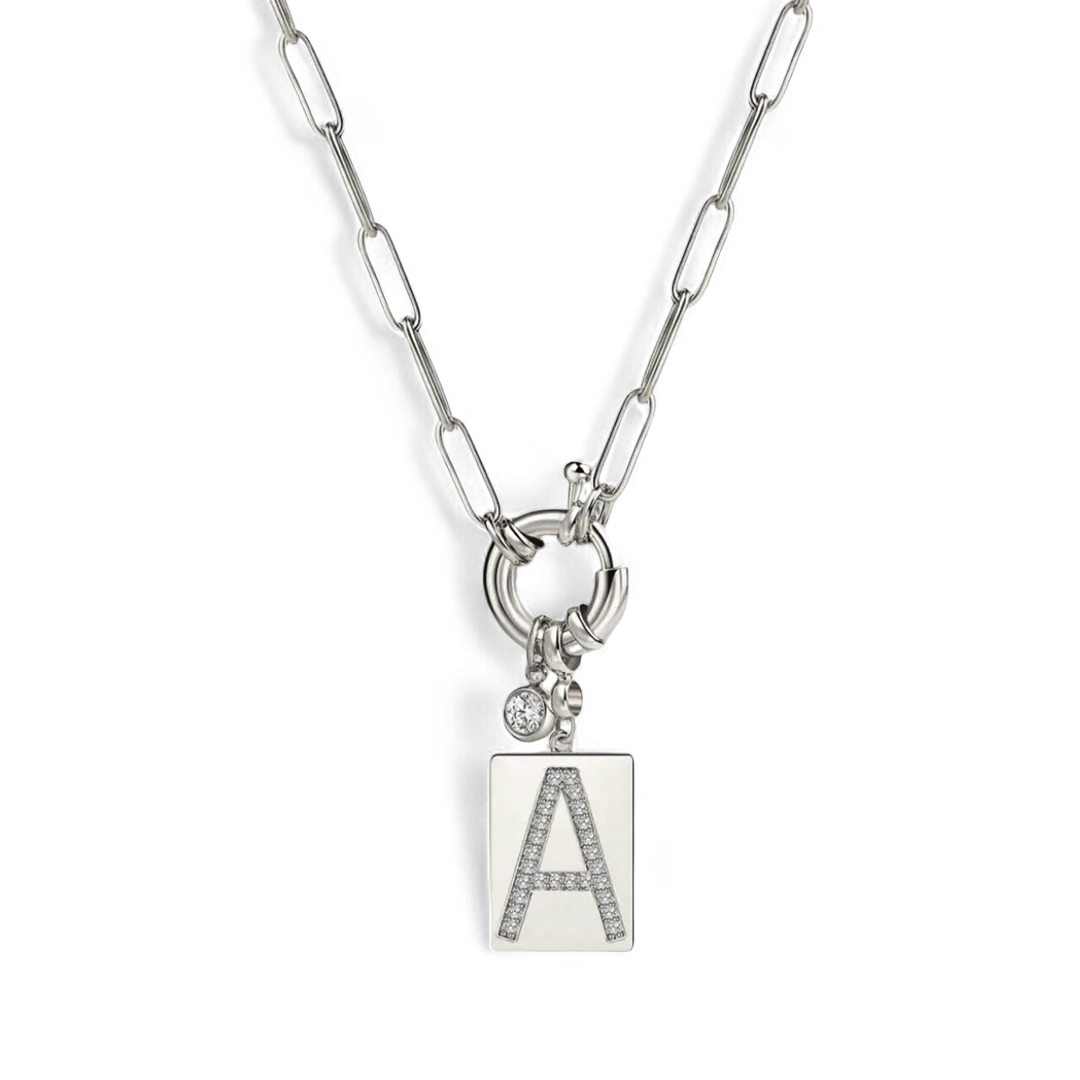 Collana Pendente Iniziale Pavé con Catena Paperclip