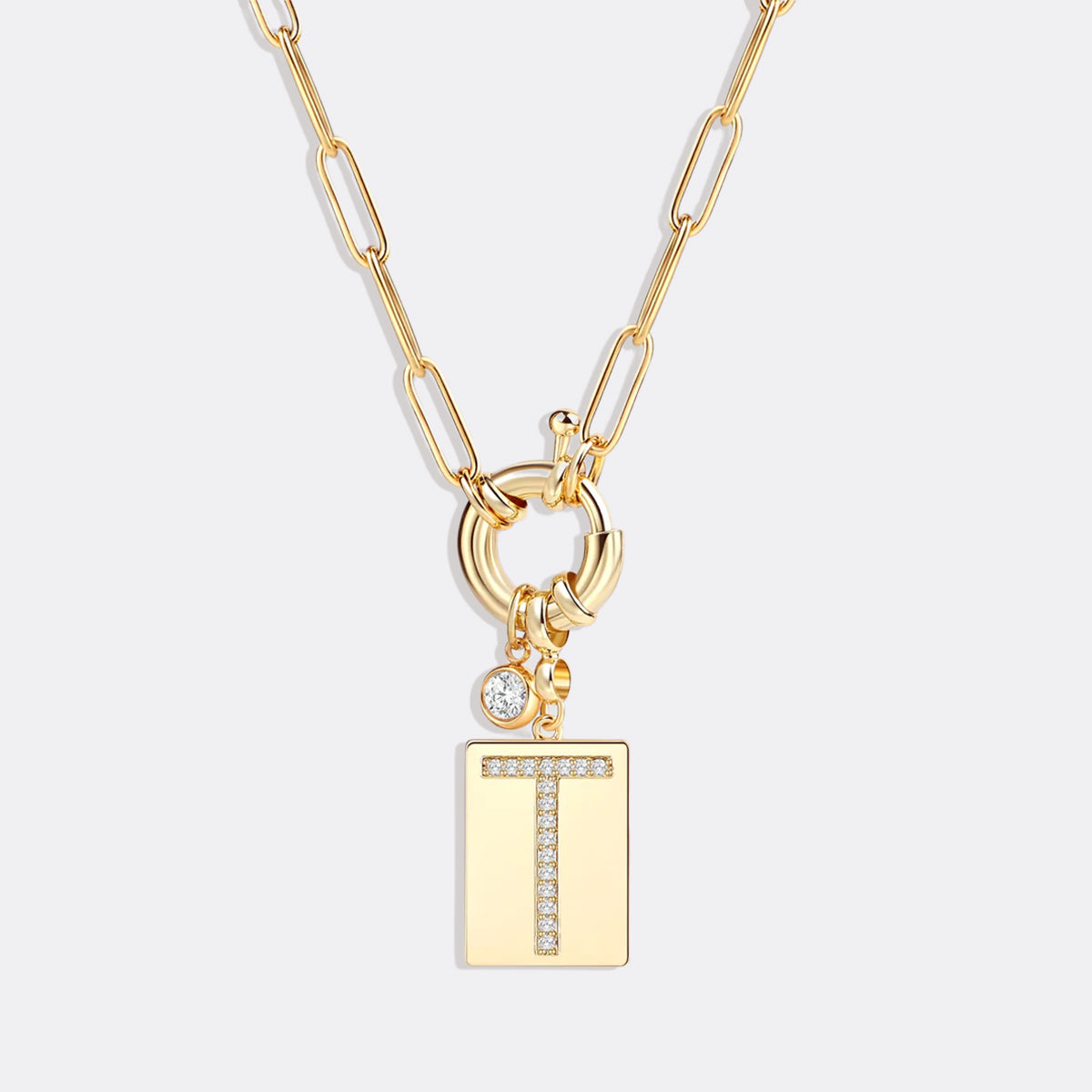 Collana Pendente Iniziale Pavé con Catena Paperclip