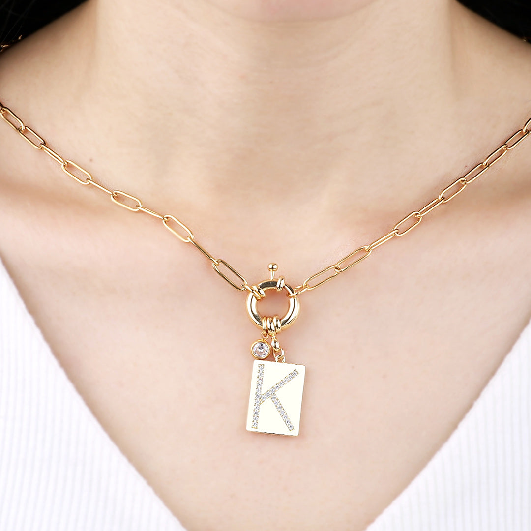 Collana Pendente Iniziale Pavé con Catena Paperclip