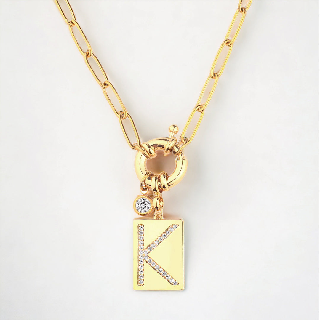 Collana Pendente Iniziale Pavé con Catena Paperclip