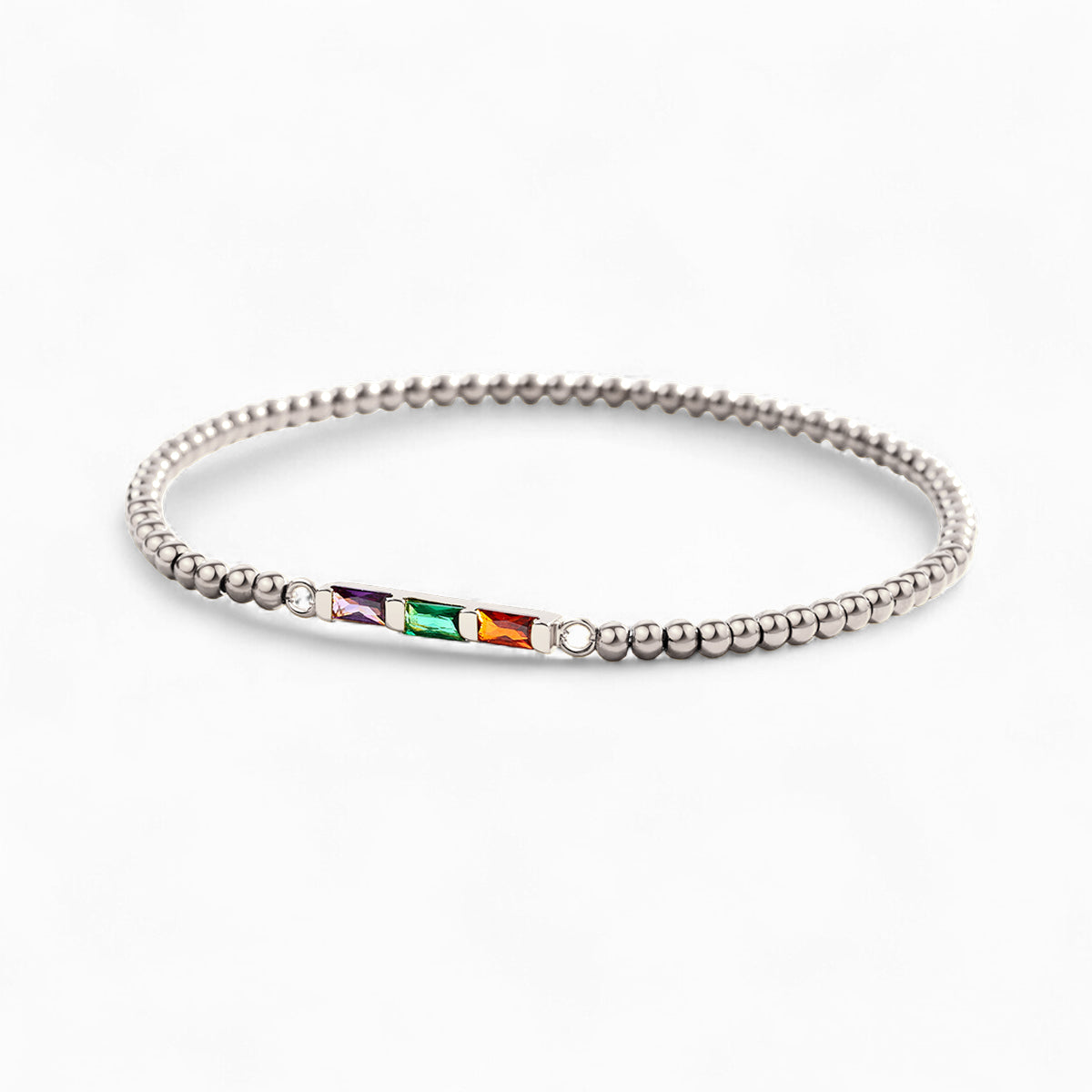 Personalized Baguette Birthstone Beaded Bracelet in 925 sterling silver